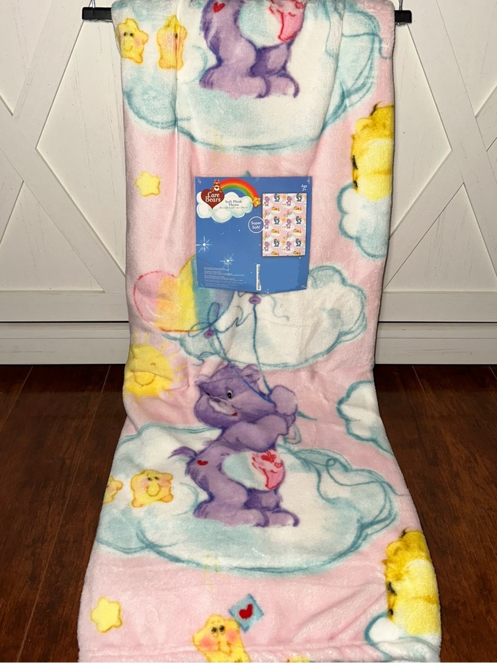 Care Bears Pastel Pink Plush Throw with Purple Bear & Cloud Motifs